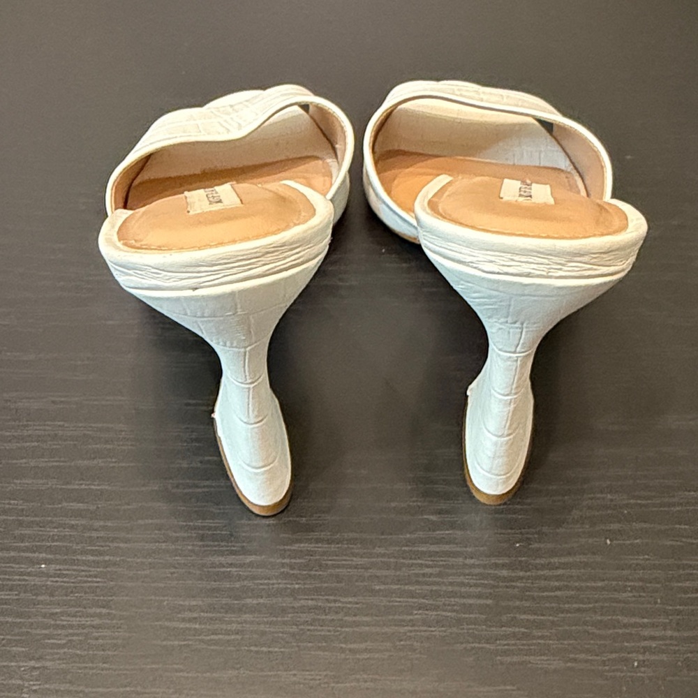Saks Fifth Avenue White Croc-Embossed Leather Heeled Sandals - Picture 5 of 8